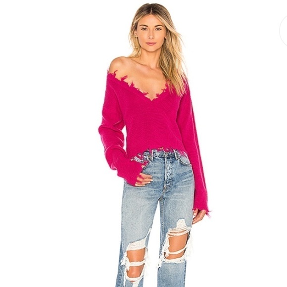 Lovers + Friends Prospect Fray Hem Barbie Pink Fuchsia V neck Cropped Sweater - Picture 2 of 10